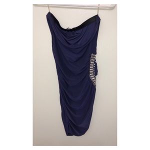 strapless blue dress with silver accent